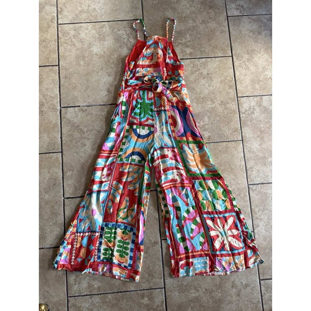 FARM Rio Anthropologie Beaded Strap Tropical Wide Leg Jumpsuit Size S - Picture 9 of 16